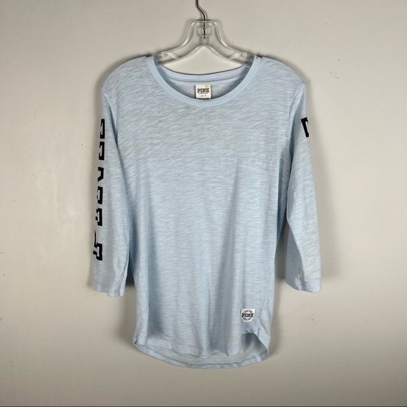 PINK VS Light Pastel Blue 3/4 Sleeve Varsity Fit Campus T-Shirt - Picture 5 of 5